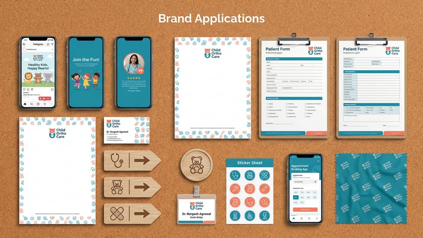 Full brand applications — stationery, social, forms, signage, ID badges