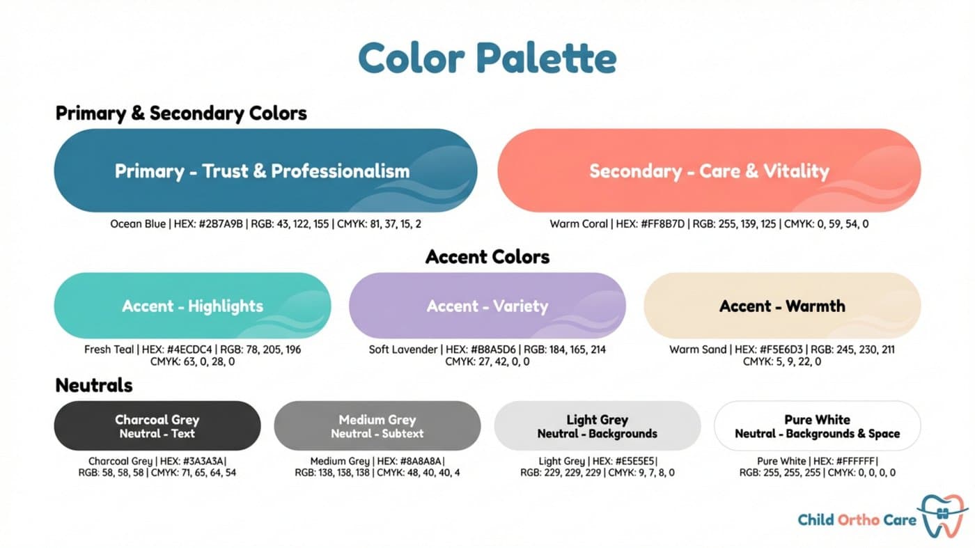 Color system — Ocean Blue, Warm Coral, and accent shades